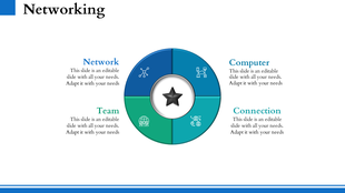 Circular chart with blue and green sections showcasing network, computer, team, and connection elements.