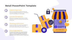 Retail slide featuring illustrated boxes, a cart, and a storefront icon alongside four numbered sections on the left.
