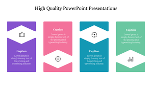Four vertical cards in purple, pink, teal, and green with icons and captions, showcasing a clean powerpoint layout.