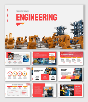 Engineering template with robotic arms, red-white theme, charts, icons, and infographic layouts.