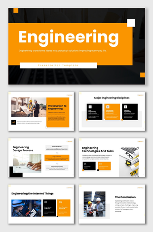 Engineering PPT template with construction experts, engineering disciplines, smart tools, and innovation-driven projects.