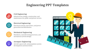 Engineering PowerPoint template featuring icons for civil, electrical, mechanical, and aerospace engineering.