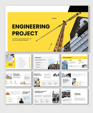 Professional engineering Presentation template with project planning, construction, and design slides.