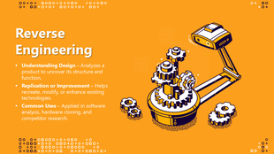 Reverse Engineering slide with robotic scanner, gears, orange background, and bullets on design, improvement, and uses.