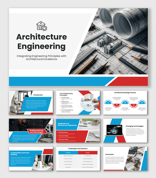 Engineering PowerPoint Presentation Template with blueprint images, engineering concepts, timelines, and content sections.