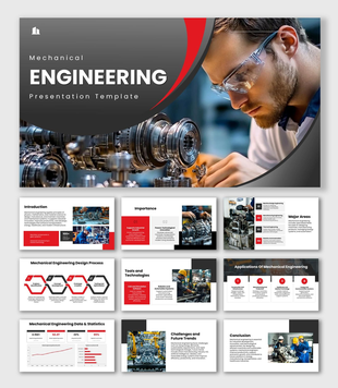Mechanical Engineering template with machinery visuals, red-black curves, charts, diagrams, and data slides.