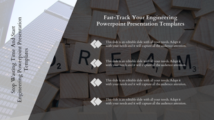 Engineering PPT slide featuring a sleek cityscape background and Scrabble tiles spelling out DREAM with placeholder text.