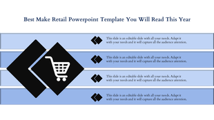 Retail template with a shopping cart icon in a diamond shape, paired with four text boxes in blue stripes.