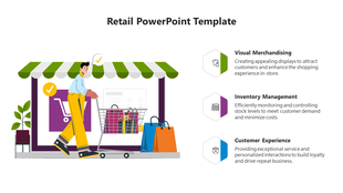 Illustration of a retail shop with a person pushing a shopping cart, surrounded by bags and retail concepts.