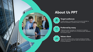 About us slide showing a team at work in a green circle, with three text sections, set against a dark background.