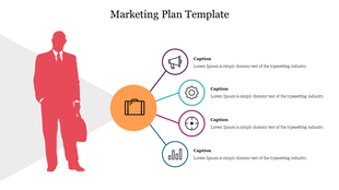 Visual representation of a marketing plan process with five vibrant diamond segments connected in sequence.