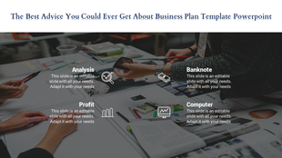 Business planning slide with a background of hands working on documents and tools, featuring labeled sections.