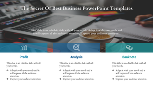 Business PowerPoint template showcasing sections for Profit, Analysis, and Banknote with a professional background image.