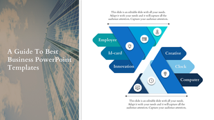 Blue and teal dual funnel infographic displaying business-related terms,with icons and caption areas for concepts. 