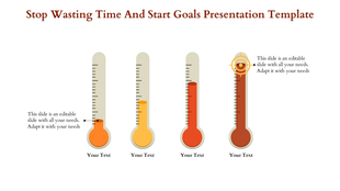 Thermometer visuals with increasing fill levels, representing different stages of goals with placeholder text areas.