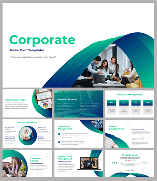 Corporate PowerPoint with green and blue accents featuring slides for marketing, sales, finance, and supply chain management.