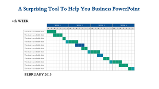 February 2015 chart featuring a table with tasks represented by green and blue bars, organized by weeks and days.