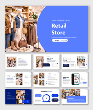 Modern retail store presentation template featuring fashion displays, customer insights, mobile shopping, and strategy