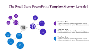 Retail store slide with a radial diagram featuring purple and blue nodes with icons, and text placeholders on the right.