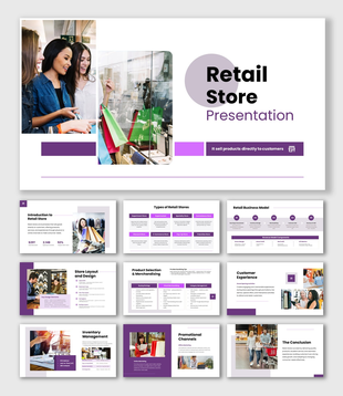 The Retail Store PPT template shoppers, product displays, layout design, pricing, and customer experience slides