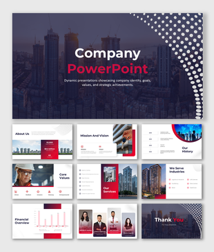 Company PowerPoint slides with sections on mission, services, history, financial, and core values in a modern design.