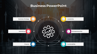 Business themed infographic with a central gear icon containing a growth chart, surrounded by six circular icons. 