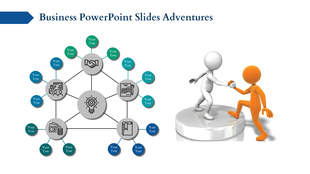 Radial network diagram featuring icons in green and blue nodes, alongside two 3D figures helping on a white platform.