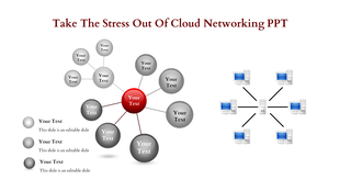 Cloud networking slide featuring central red node with connections to surrounding gray nodes and network diagram.