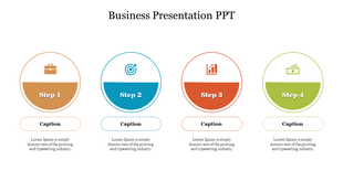 Four step business slide showing icons for briefcase, target, growth chart, and cash, with placeholders for captions.