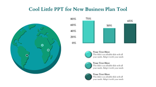 PowerPoint slide showcasing a business plan with a globe illustration, percentage bar charts, and placeholders for text.