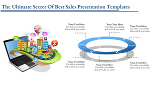 Slide featuring a laptop with digital marketing visuals on the left and a blue circular diagram with text on the right.