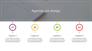 Agenda PowerPoint template featuring four caption sections with circular icons and a background image of a yearly planner.