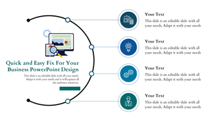 Circular infographic slide featuring a central computer icon with analytical tools, surrounded by icons with text.