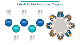 Infographic featuring five connected blue and teal circles with text and a group of people at a round table on the right.