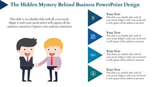 Infographic with two characters shaking hands and a vertical list of four text sections with blue triangular icons.