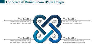 Infographic with a central knot like interlinked blue shapes and four labeled sections featuring icons and text.
