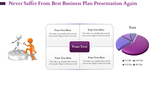Purple themed business plan slide with a regional map, three icons, and gear graphics on the right.