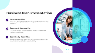 Professional slide layout featuring three business plan on the left and an image of two colleagues collaboration. 