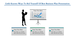 Silhouette of a person standing beside a presentation screen showing a blue line graph, with three text boxes below.