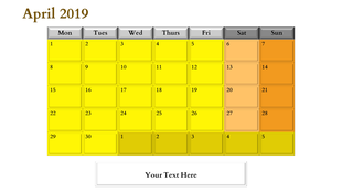 April 2019 calendar in a grid format with bright yellow weekdays and orange shaded weekends, and a text box below.