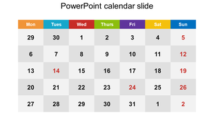 Calendar slide displaying a monthly calendar with color coded days, highlighting dates with text for certain days of month.