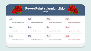 Calendar slide for the year 2020 featuring 12 months with space to add important moments for each month and decorative roses.