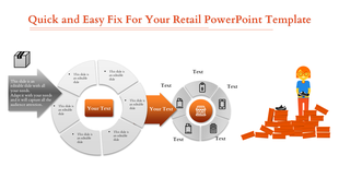 A retail slide featuring a circular process flow with six stages and a character standing next to a stack of shoe boxes.