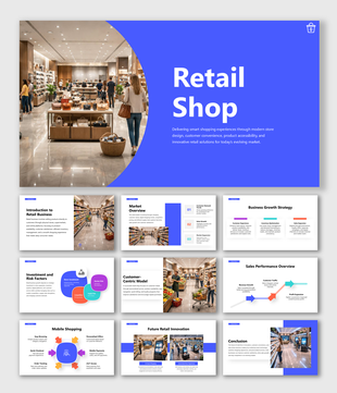 Modern retail store presentation template highlighting customer experience, sales strategy, mobile shopping and growth.