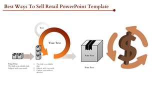 Slide design illustrating retail sales with a sequence of boxes, an orange arrow, and a money symbol on the right.