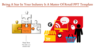 Slide with gold and white puzzle pieces next to a red retail graphic including a shopping cart, icons, and a silhouette.