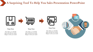Sales process template with three linear icons connected by arrows and a final circular graphic of a handshake.