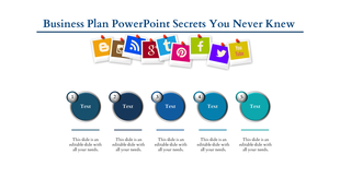 Business plan template with five numbered blue circles and icons of popular social media platforms.