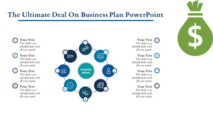 Business plan template featuring a circular layout of eight numbered icons linked to a central circle.