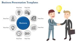 Business presentation template with circular icons and space for text around a central business theme.